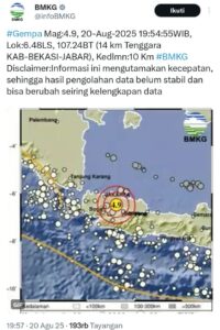 Gempa Magnitudo 4,9 Guncang Kabupaten Bekasi, Terasa hingga Jakarta