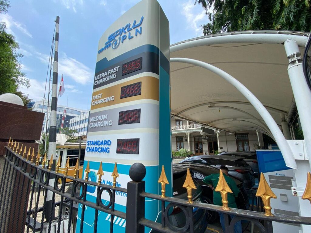 Tampak SPKLU Center PLN di Kantor PLN UID Jakarta Raya, Gambir, Jakarta Pusat, yang dilengkapi fasilitas Ultra Fast Charging, Fast Charging, Medium Charging, dan Standard Charging.